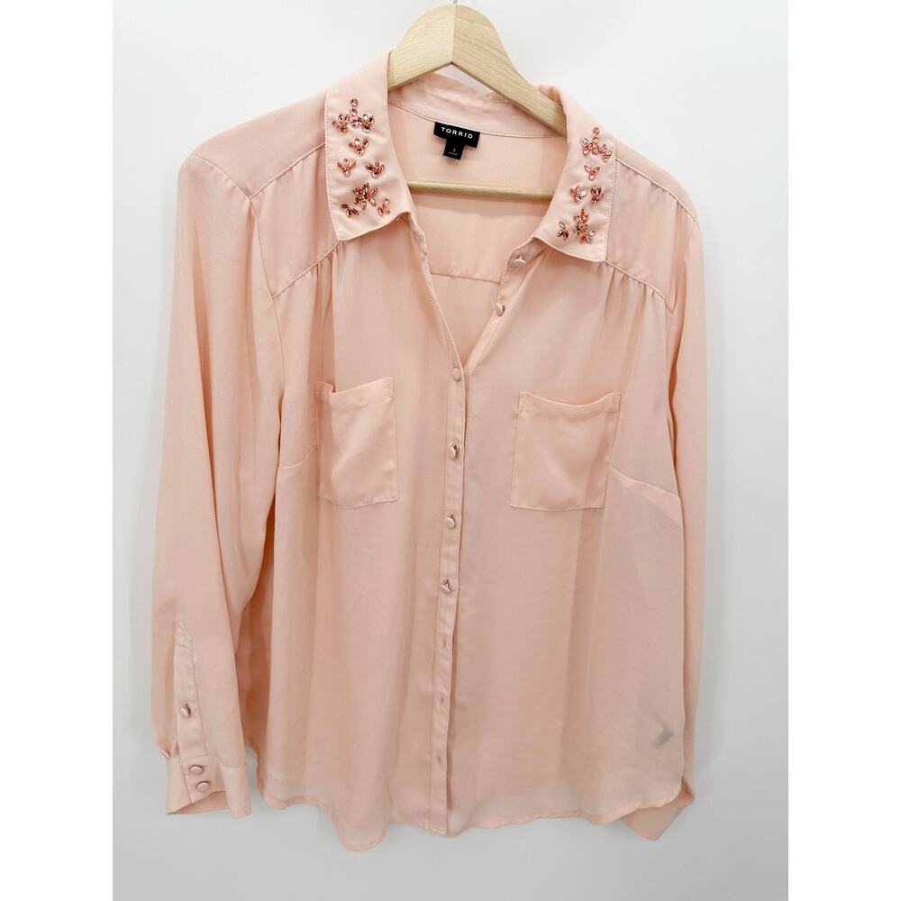 Torrid Women Light Pink Long Sleeve Button Front Sheer Top Embellished Collar 1X
